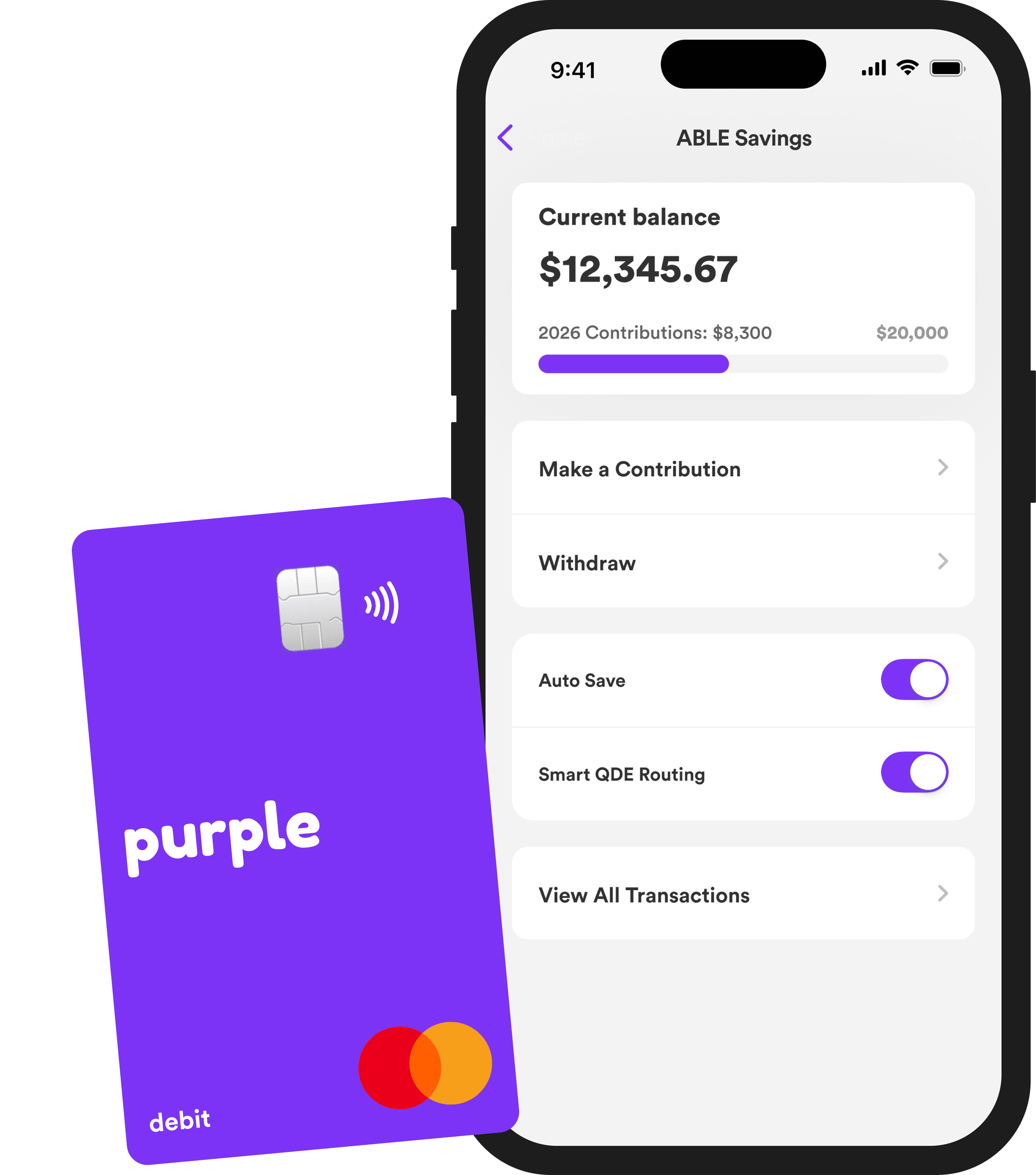 Purple app showing ABLE savings account balance and features
