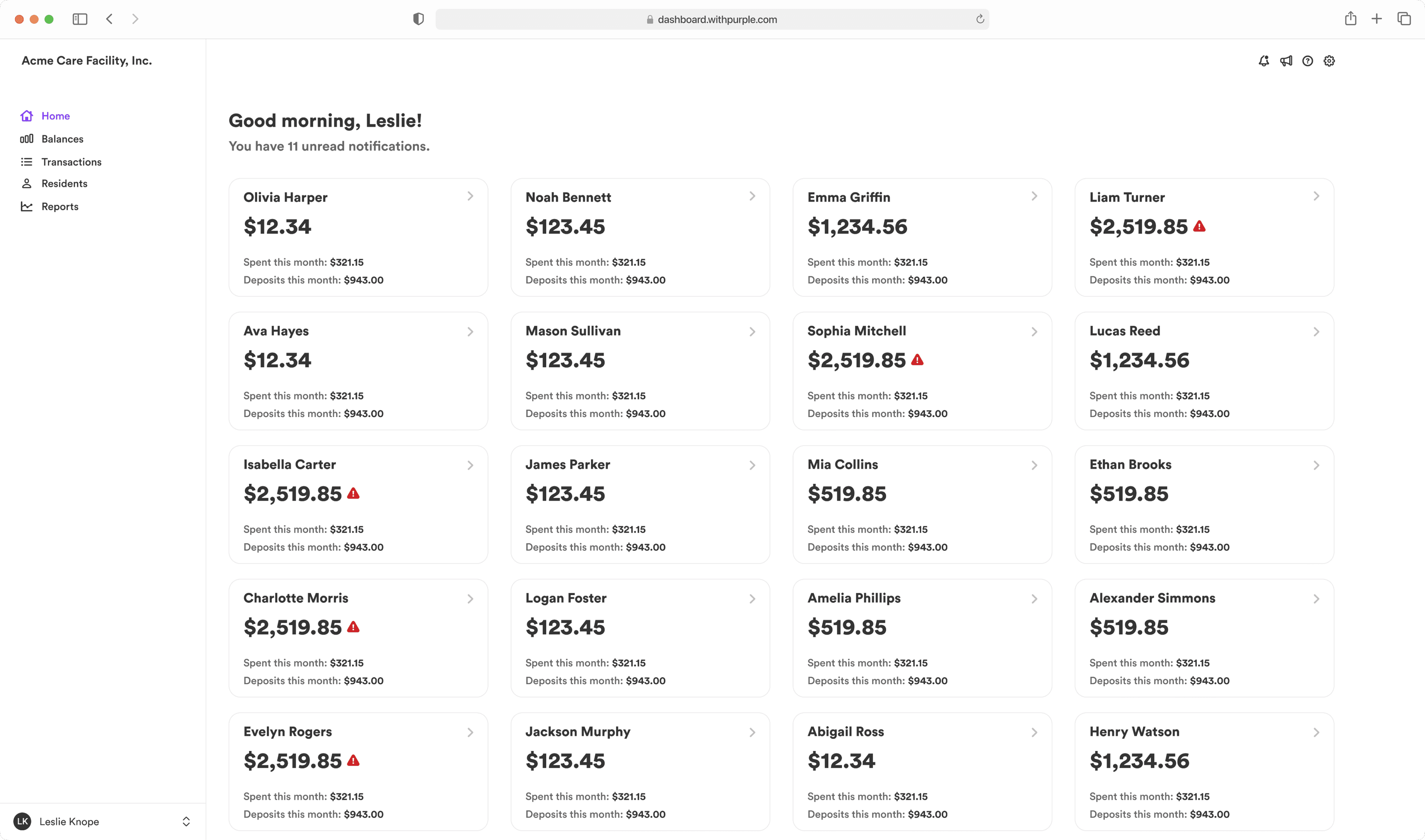 Purple dashboard showing resident account management with balances, transactions, and alerts