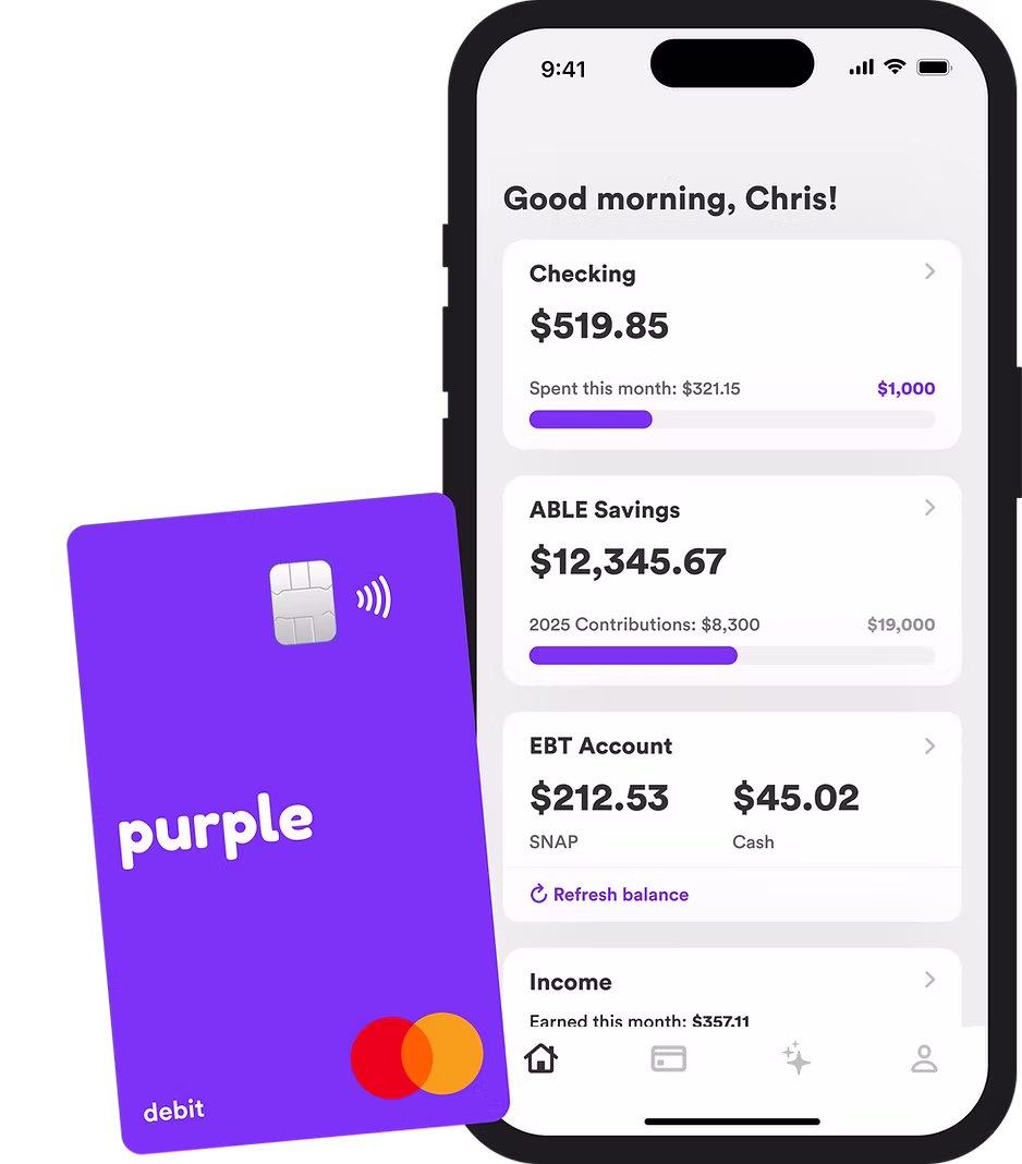 Purple app showing checking account balance and features