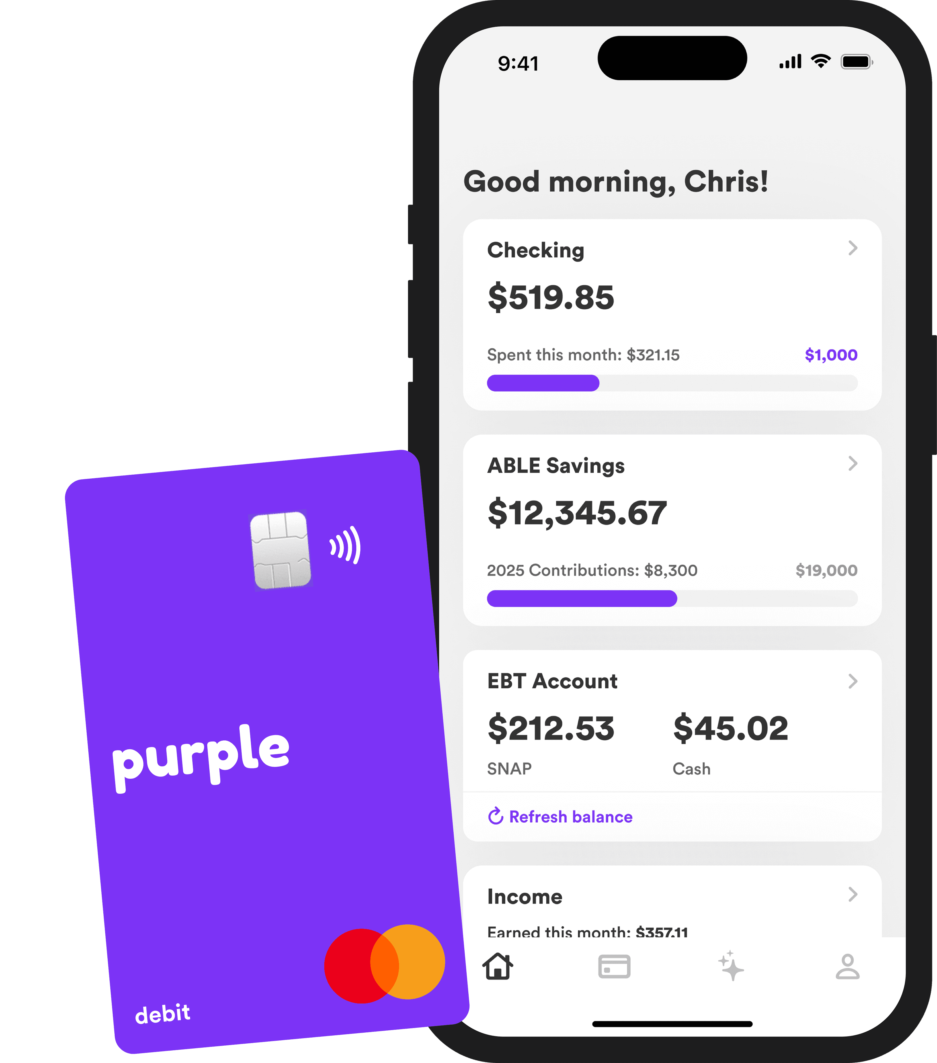 Purple app showing checking account balance and features